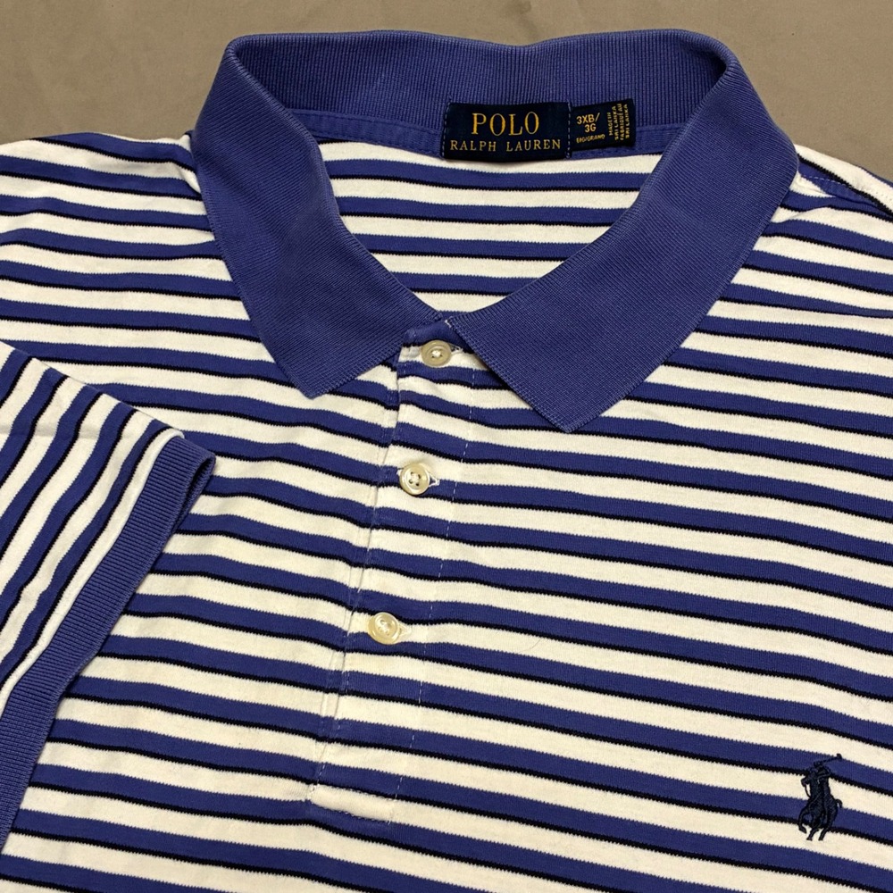 Polo Ralph Lauren Mens 3XB Blue White Striped Short Sleeve Polo Shirt Big & Tall